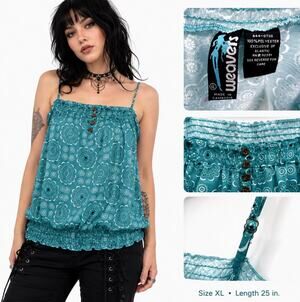 NWT Y2K Indie Sleaze 00s Boho Weavers Smocked Button Cami Tank XL Teal Medallion